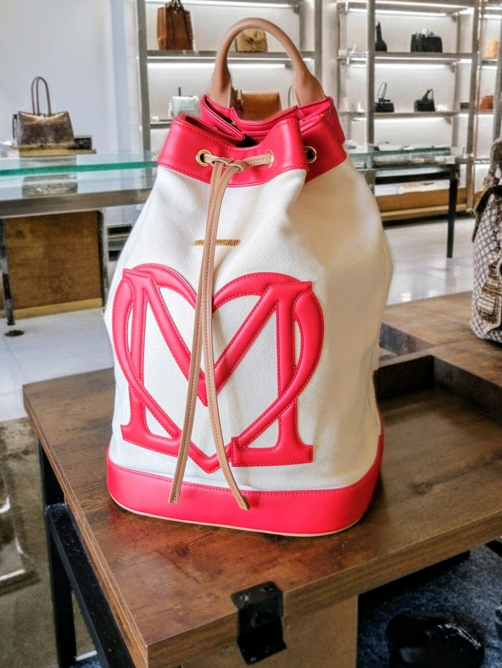 LOVE MOSCHINO Shoulder/Sling Borsa Canvas Naturale & PU Red - Picture 4 of 16